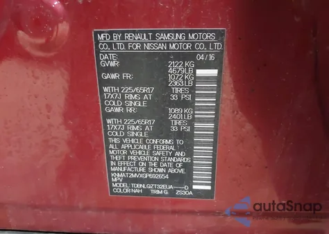 2016 Nissan Rogue Sv z USA, uszkodzony, nr VIN KNMAT2MVXGP692654